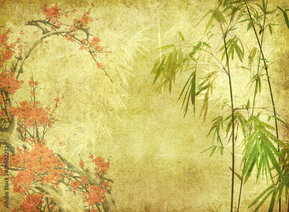 Fototapeta bamboo and plum blossom on old