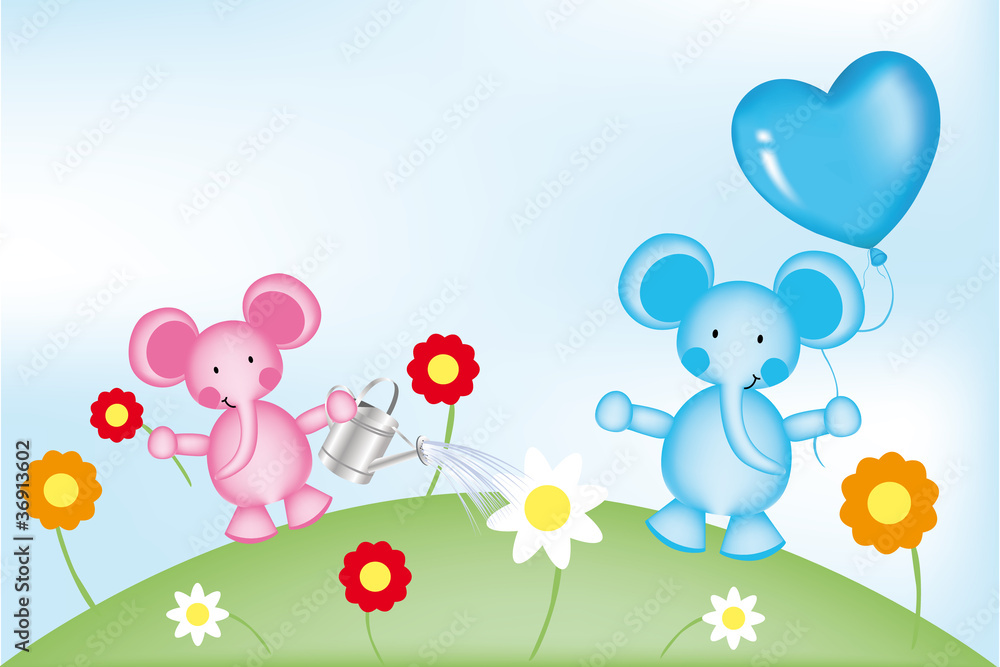 Obraz Tryptyk Happy elephants with balloon