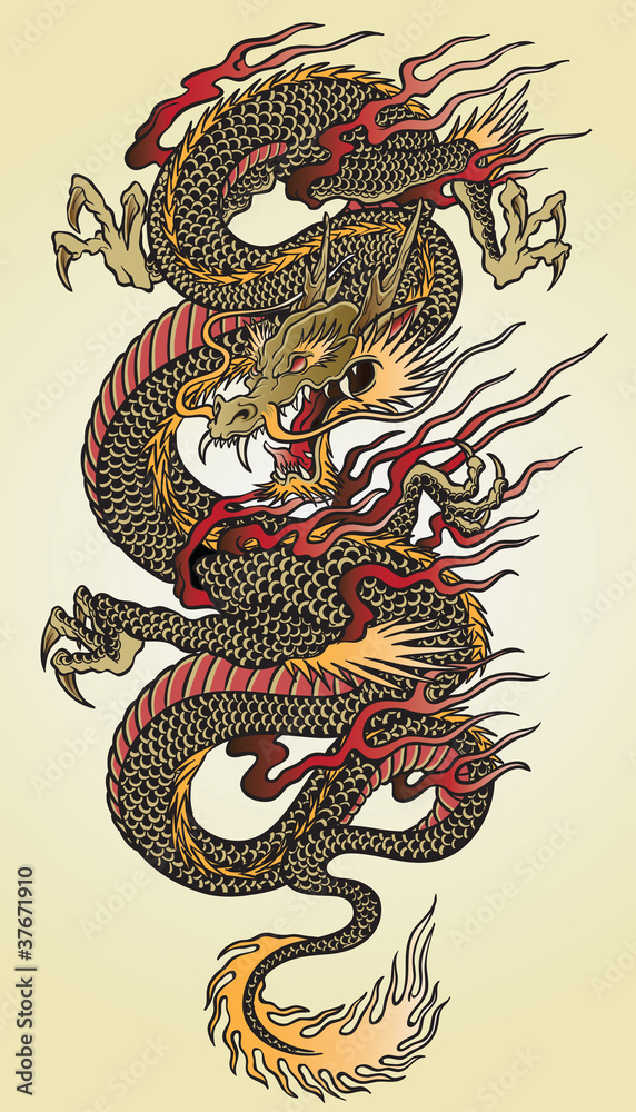 Obraz Tryptyk Detailed Asian Dragon Tattoo