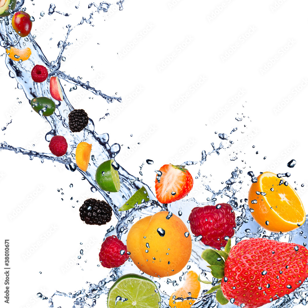 Fototapeta Fresh fruits falling in water