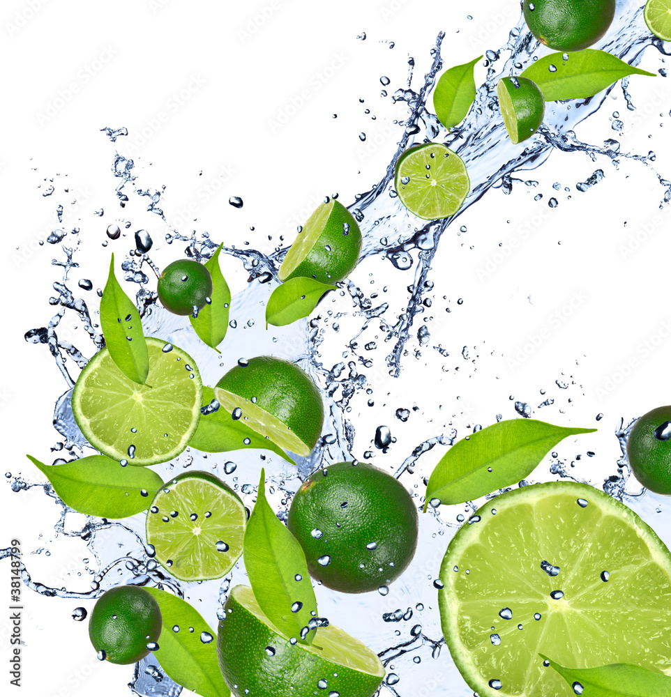 Fototapeta Limes falling in water splash,