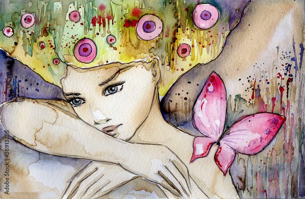 Obraz Pentaptyk piękna dziewczyna z motylem