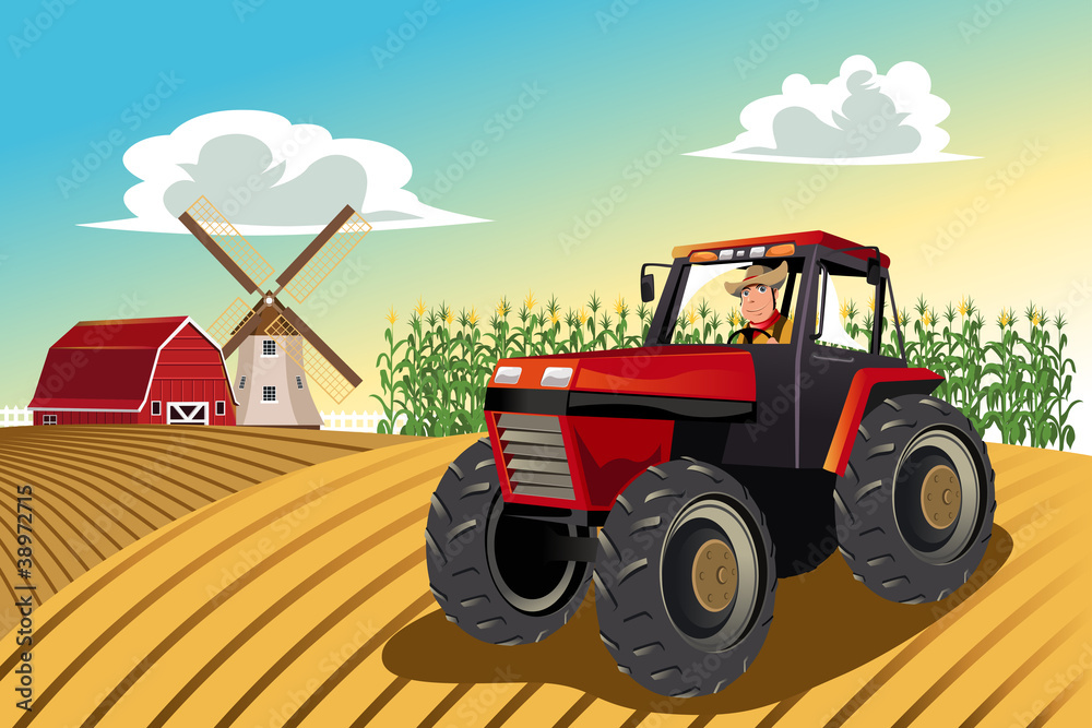 Fototapeta Farmer riding a tractor