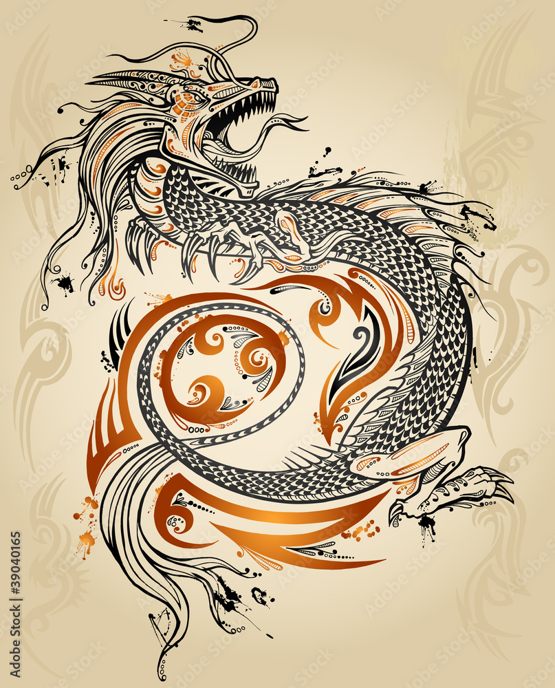 Obraz Tryptyk Dragon Doodle Sketch Tattoo
