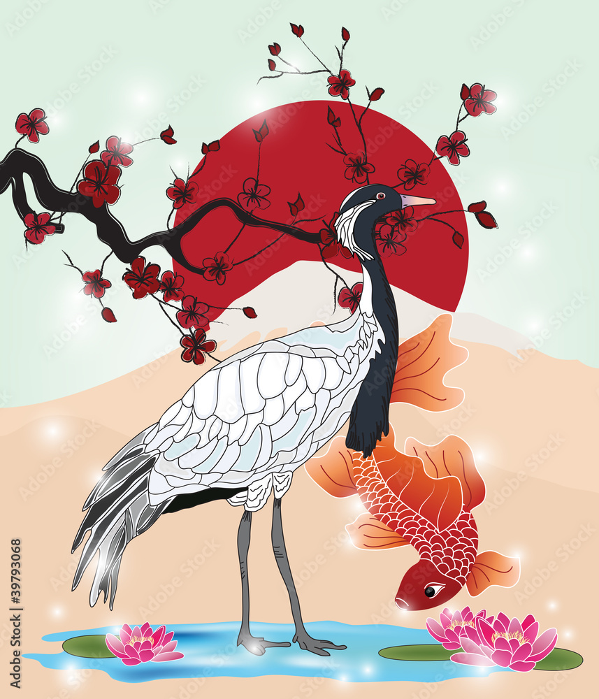 Obraz Tryptyk oriental picture with crane