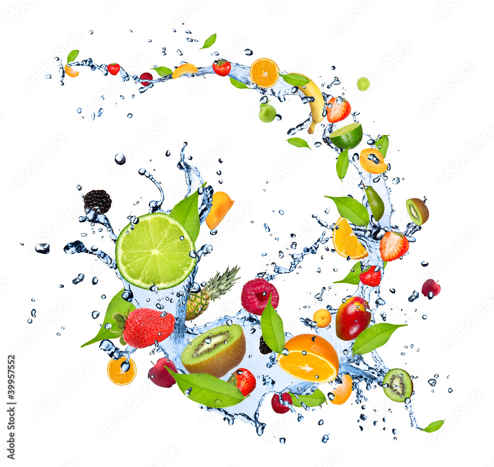 Obraz Tryptyk Fresh fruits falling in water