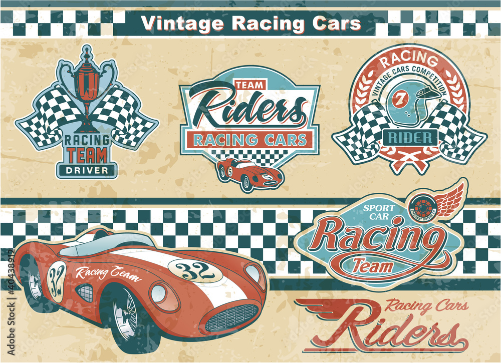Obraz Tryptyk Racing car vintage elements