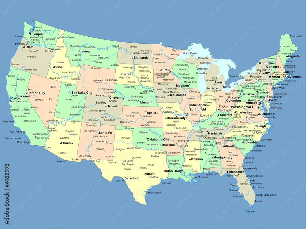 Obraz Pentaptyk USA map with names of states