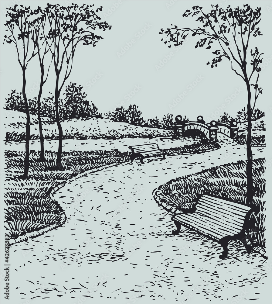 Obraz Dyptyk Vector landscape. Benches