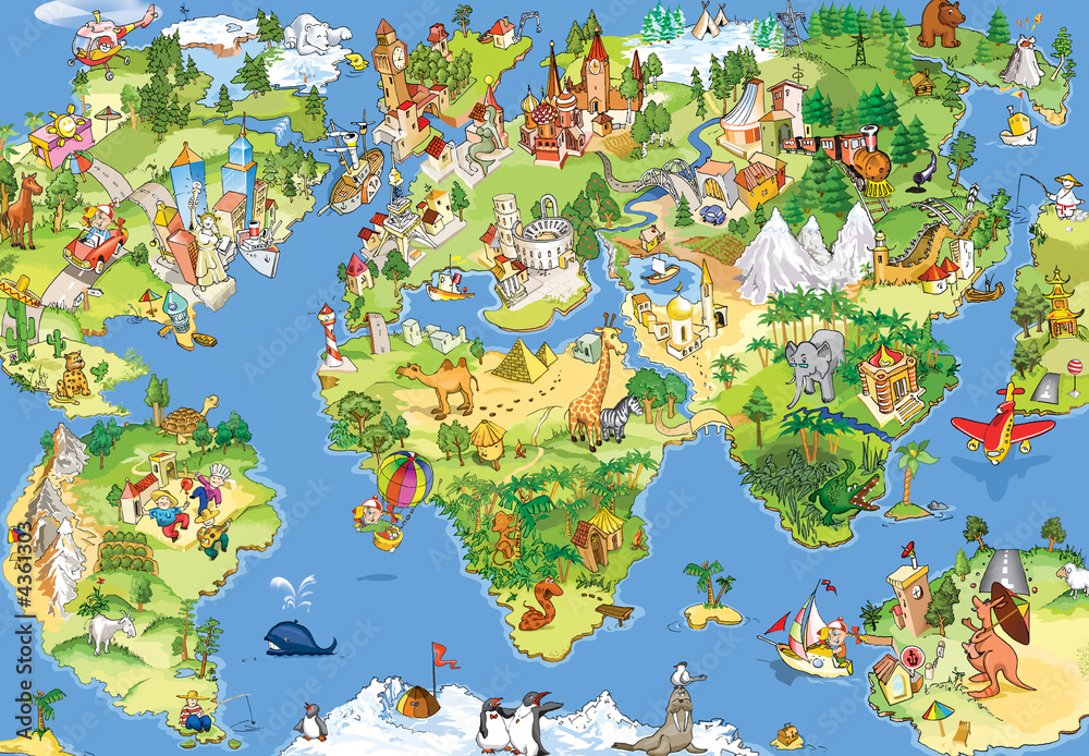 Obraz Tryptyk Great and funny world map