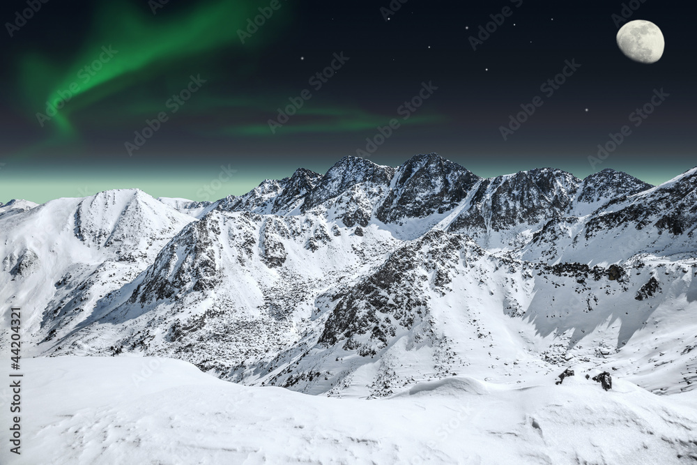 Obraz Pentaptyk Aurora and moon in mountains