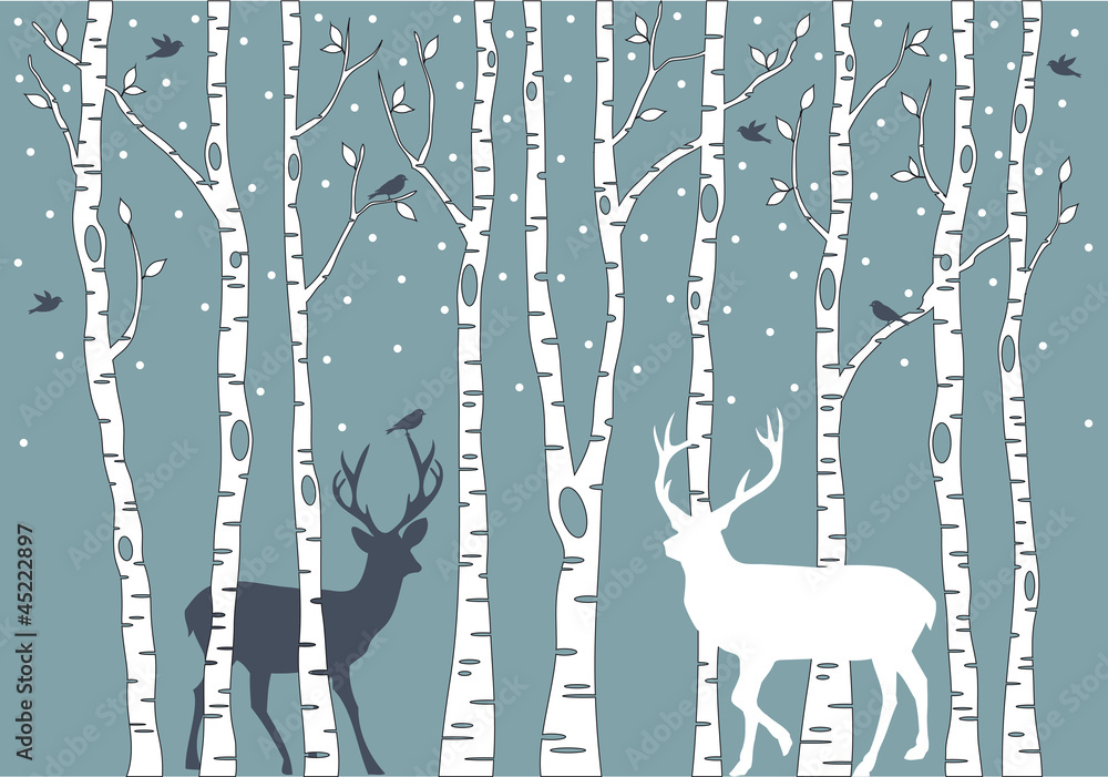 Fototapeta birch trees with deer, vector