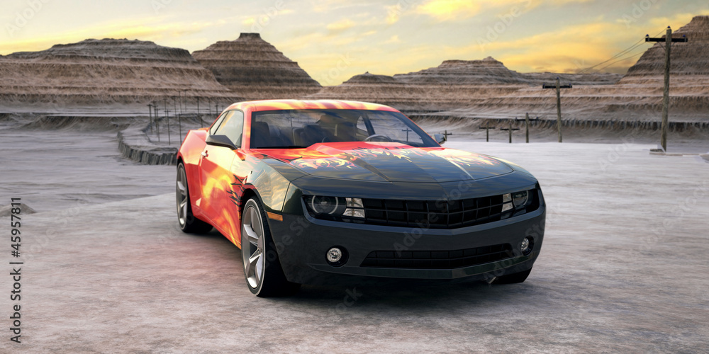 Obraz Tryptyk sport car in sunrise desert 3d