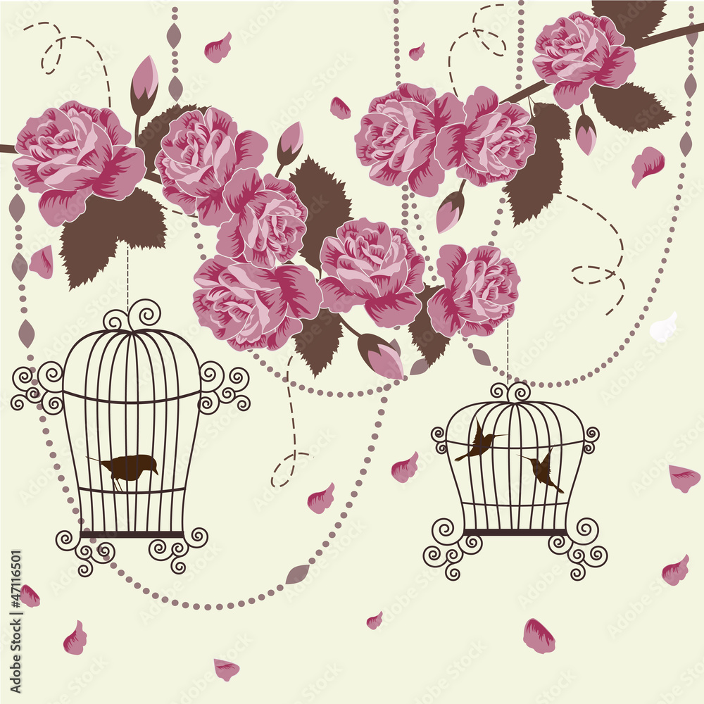 Obraz na płótnie Roses and birds in cages