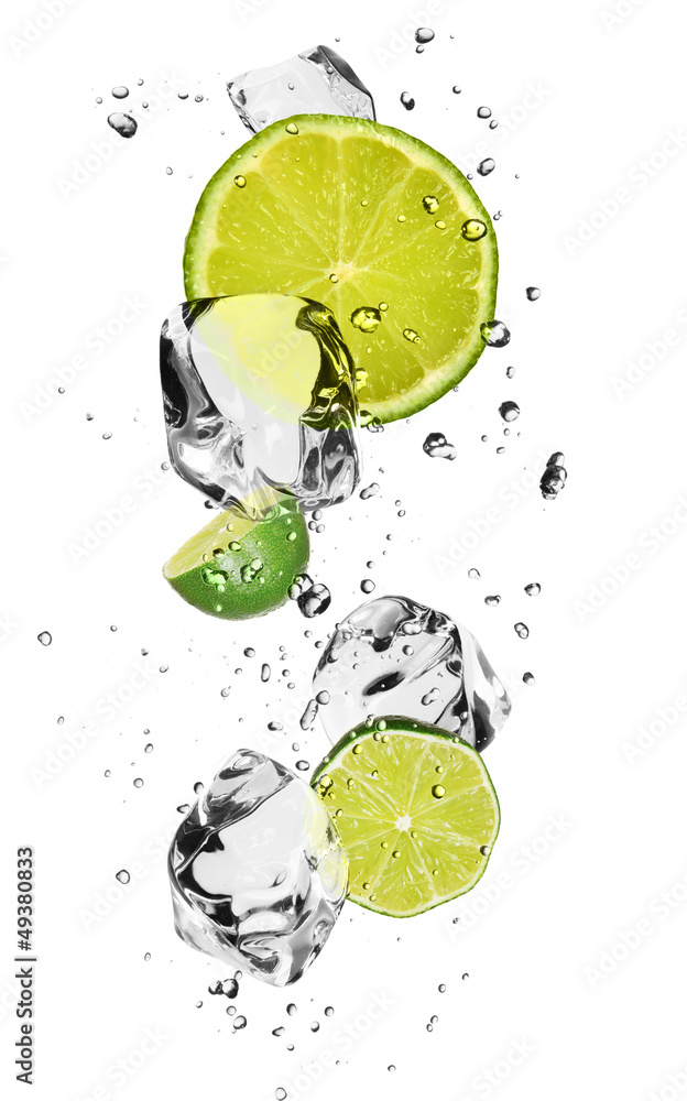 Fototapeta Limes with ice cubes, isolated
