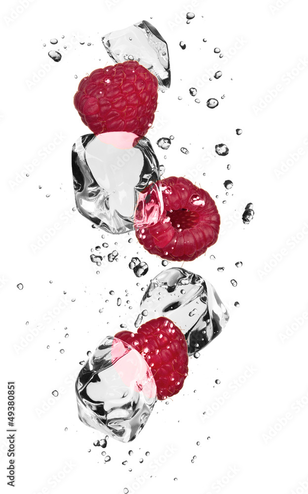 Fototapeta Raspberries with ice cubes,