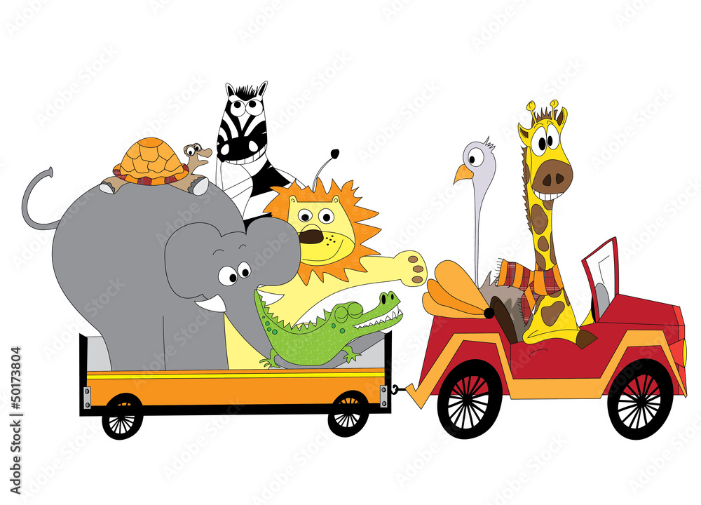 Obraz na płótnie Car with happy animals