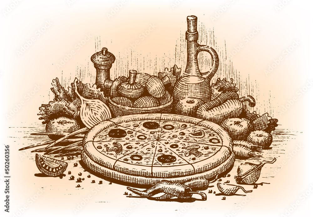 Obraz Tryptyk Pizza illustration drawn by