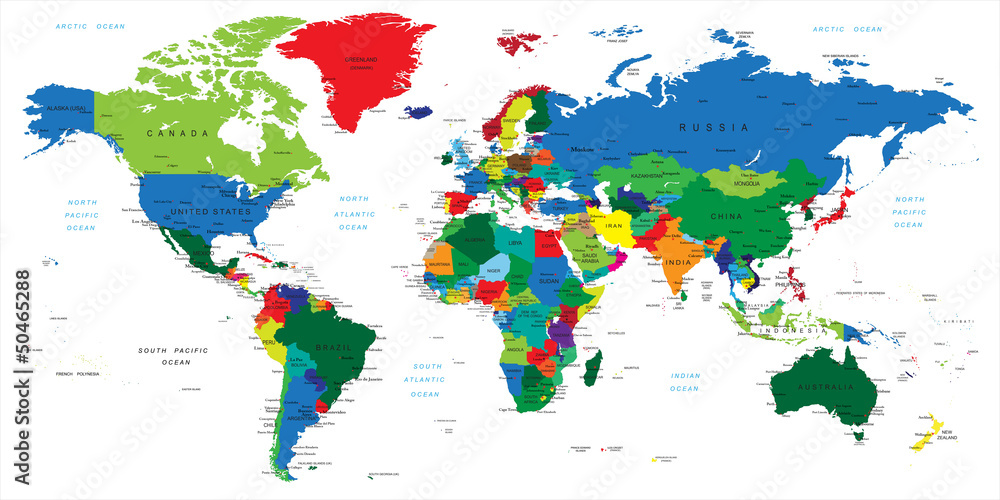 Obraz Pentaptyk World map-countries
