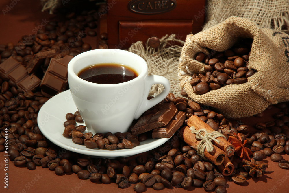 Fototapeta cup of coffee and coffee beans