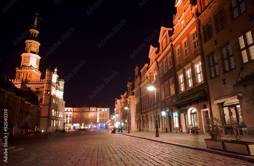 Obraz Tryptyk Old Market at night in Poznan,