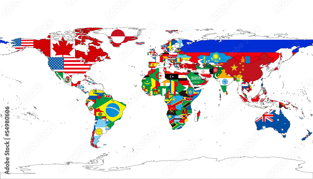 Obraz Kwadryptyk 国旗の世界地図