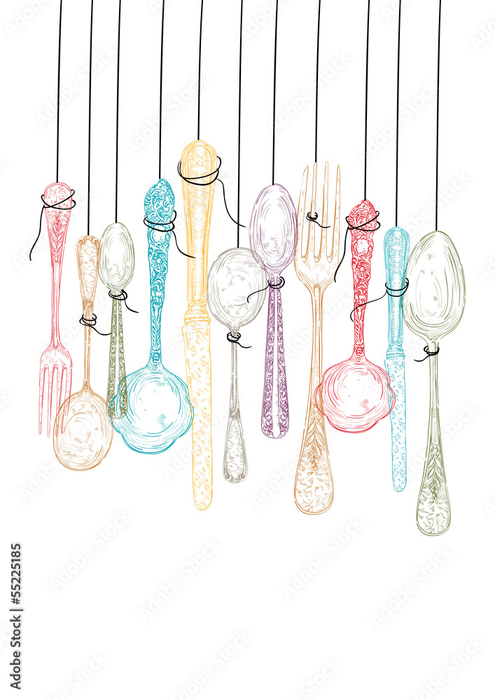 Obraz Pentaptyk Hanging cutlery elements
