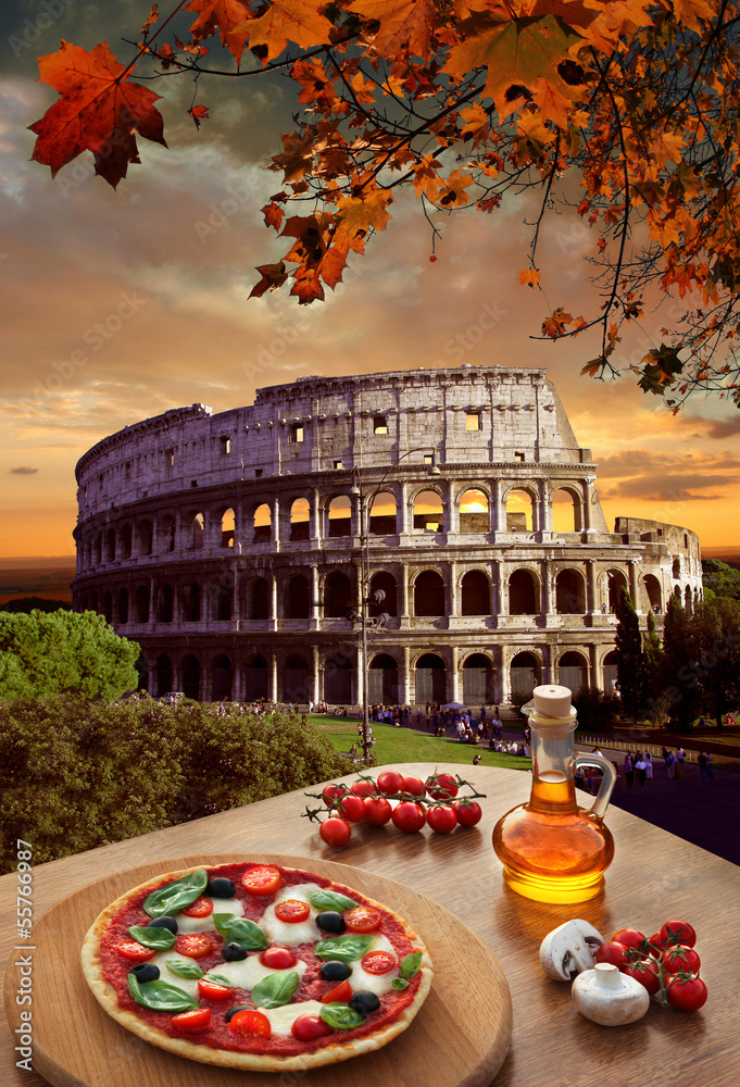 Fototapeta Colosseum with Italian pizza