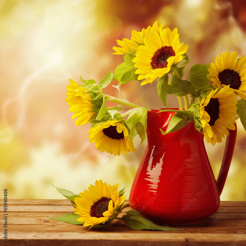 Obraz Tryptyk Sunflower bouquet in jug on