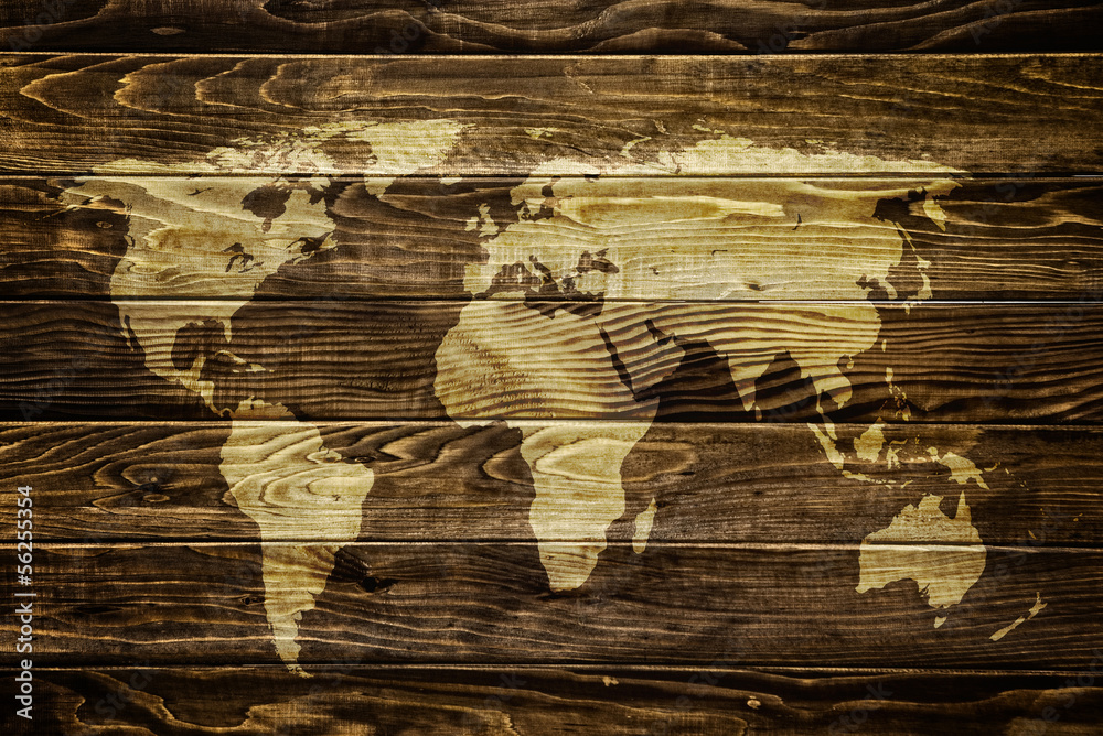 Fototapeta World map on wood background