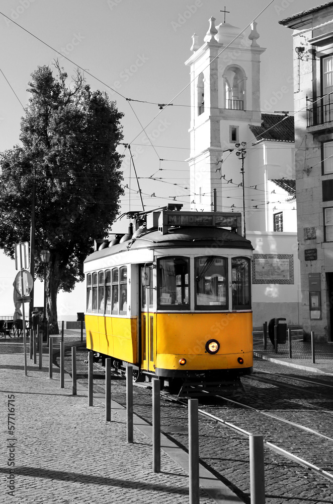 Fototapeta Lisbon old yellow tram over