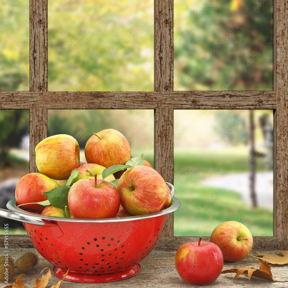 Fototapeta Apples in colander on wooden