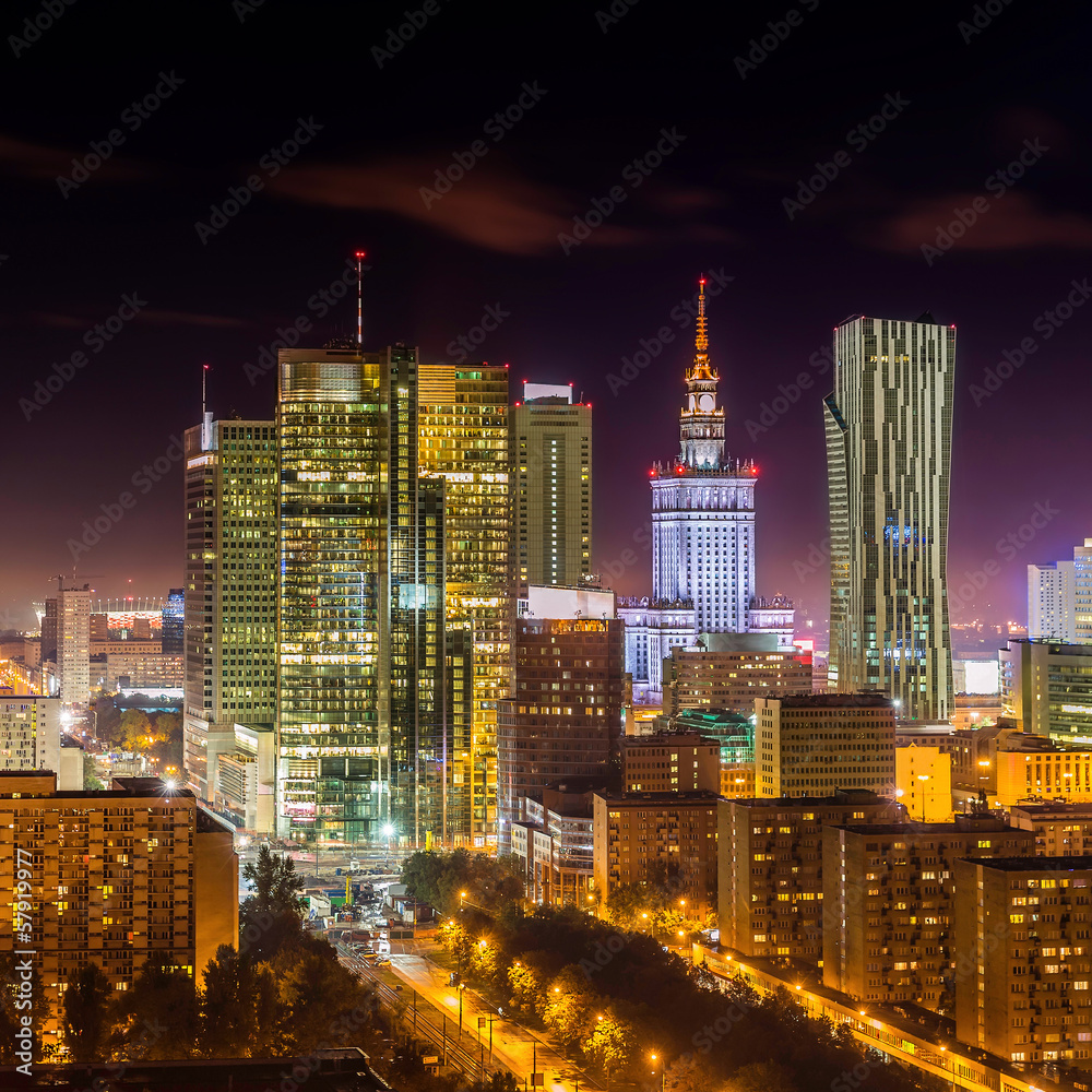 Obraz Tryptyk Warsaw downtown at night