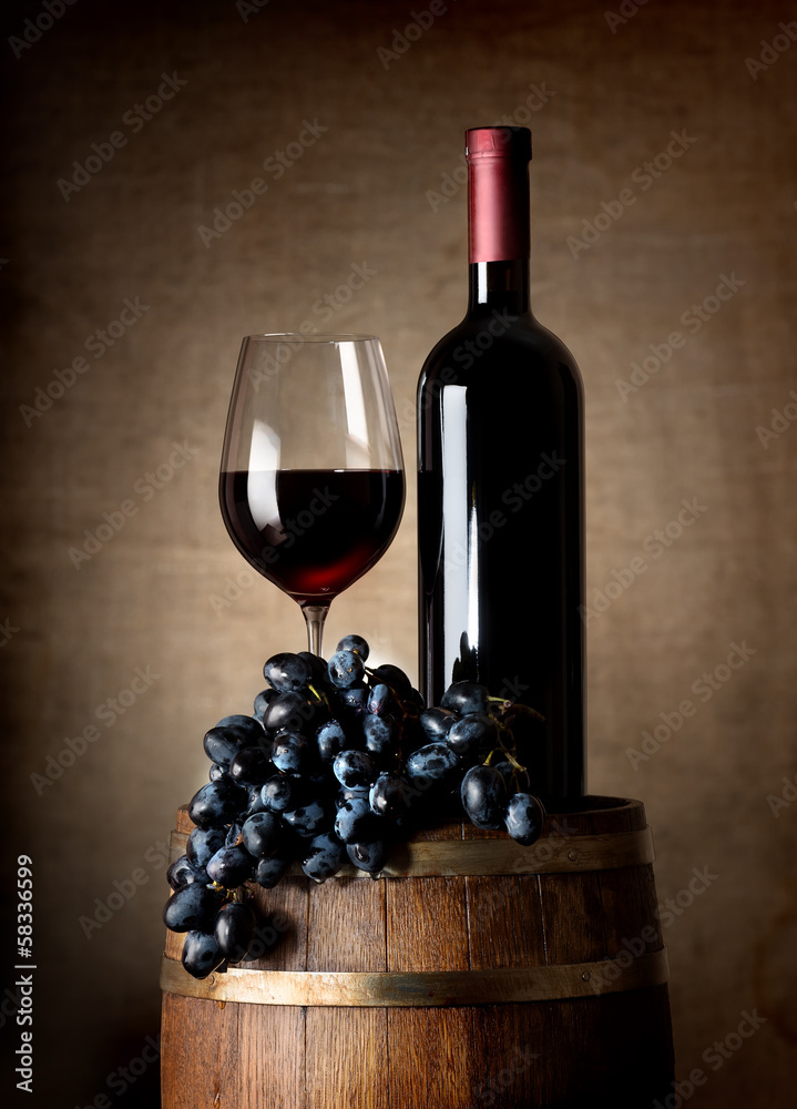 Fototapeta Red wine with barrel and