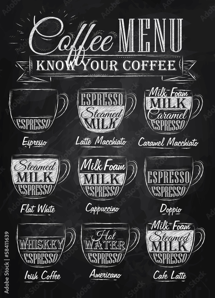 Obraz Kwadryptyk Set of coffee menu with a cups