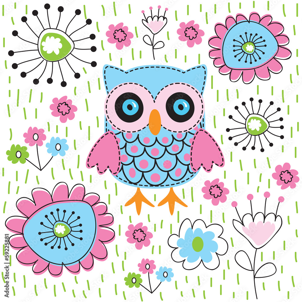 Obraz Tryptyk Cute owl floral garden vector