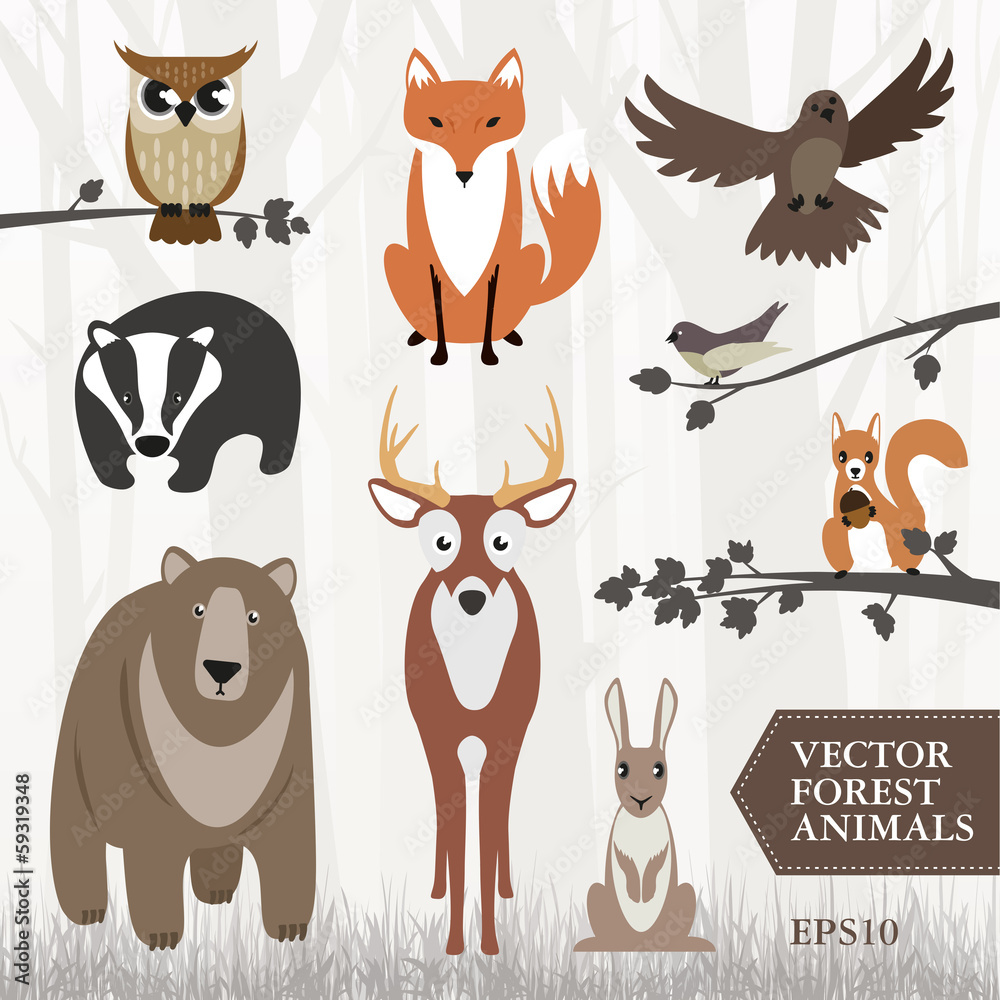 Obraz Tryptyk Set of forest animals. Vector