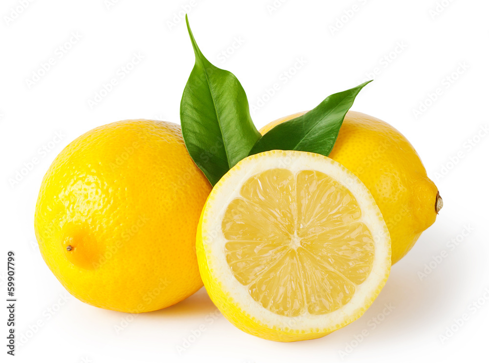 Fototapeta Three lemons with leaves