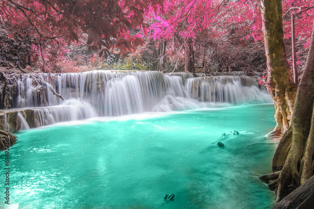 Obraz Tryptyk Deep forest Waterfall in
