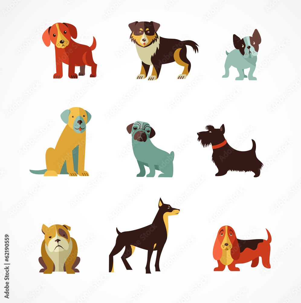 Obraz Tryptyk Dogs icons and illustrations
