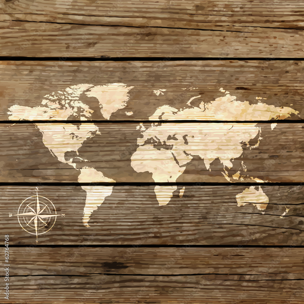 Obraz Tryptyk world map on a wooden board