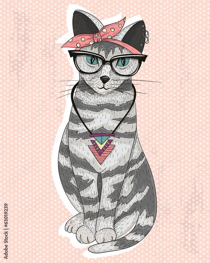 Obraz Pentaptyk Cute hipster rockabilly cat