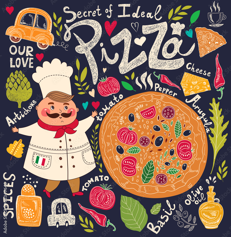 Fototapeta Pizza design menu with chef