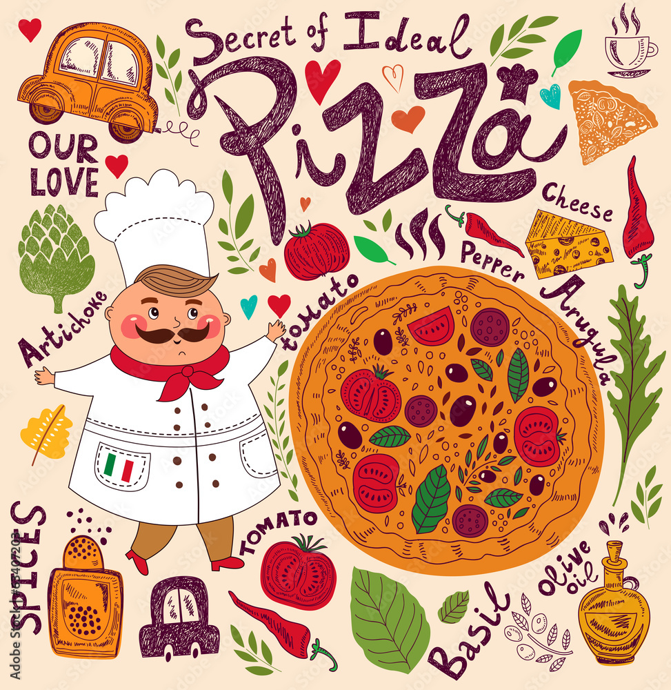 Obraz na płótnie Pizza design menu with chef