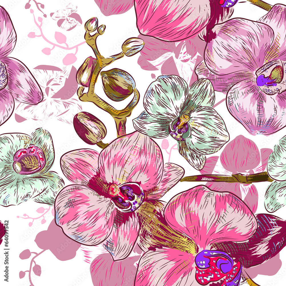 Obraz Pentaptyk Seamless pink orchid Pattern