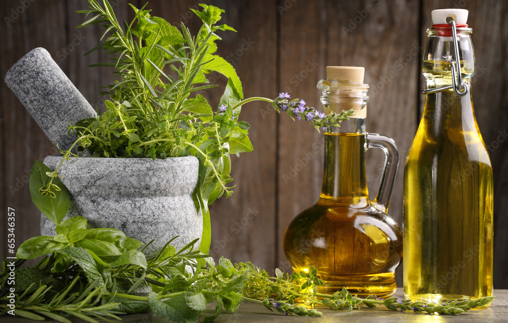 Fototapeta herbs and oil