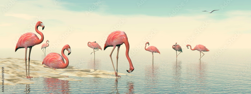 Obraz Tryptyk Flock of pink flamingos - 3D