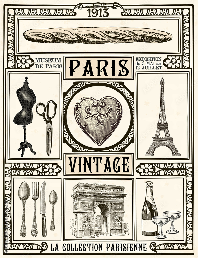 Obraz Tryptyk Poster Paris Vintage