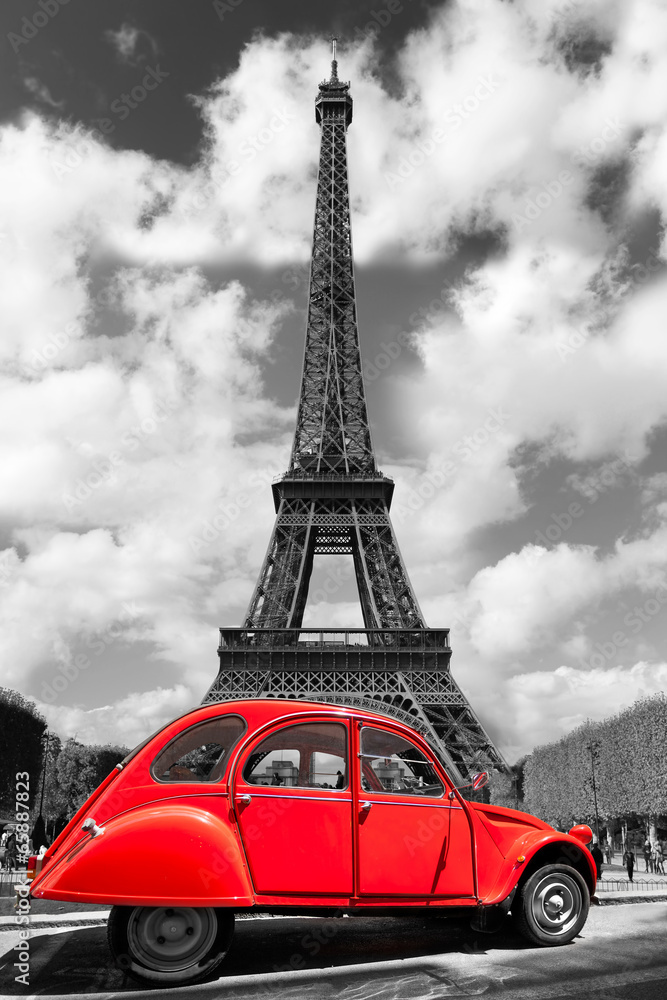 Fototapeta Eiffel Tower with red old car