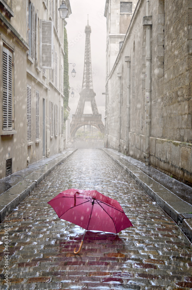 Fototapeta Romantic alley on a rainy day.
